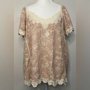 Democracy Blouse Large Pink Lace Crochet Boho Romantic Cottage Peasant Feminine